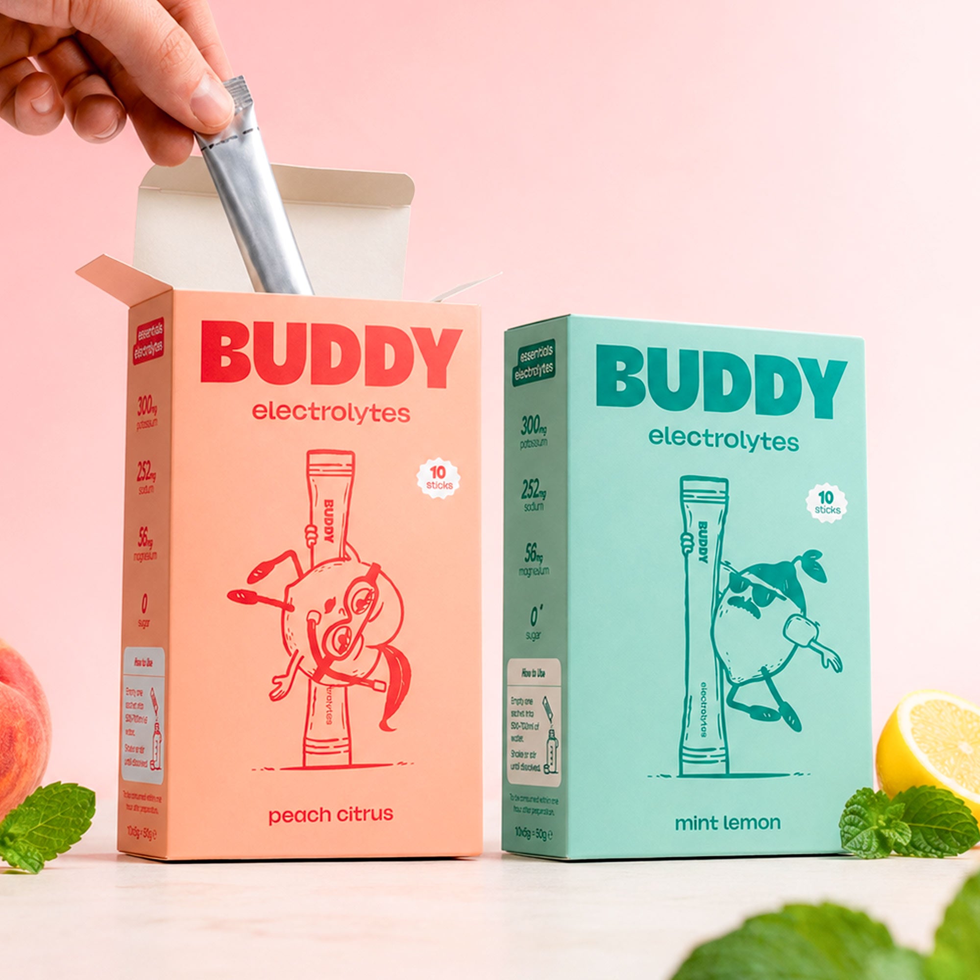Électrolytes en poudre Buddy en sticks, saveurs Mint Lemon et Citrus Peach, sans sucre