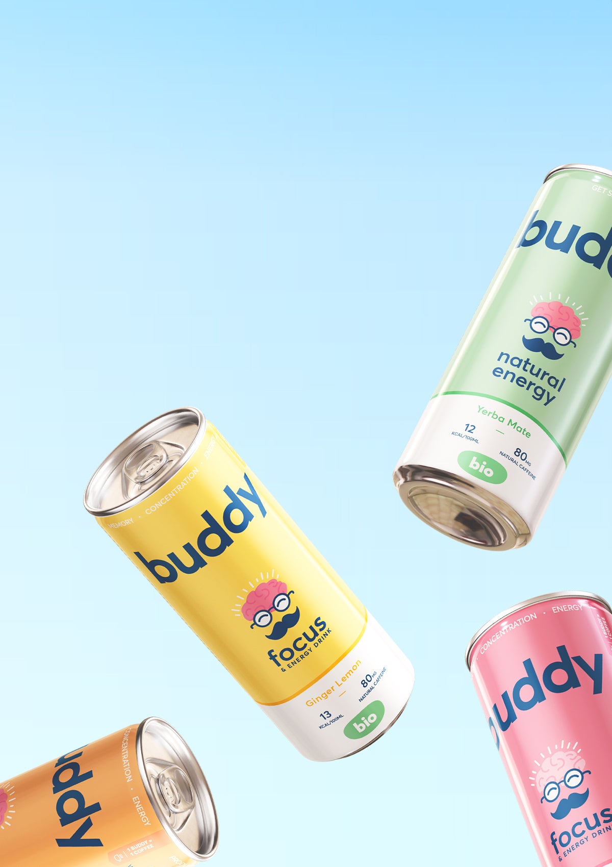 Canettes de Buddy, boisson énergisante bio et naturelle, saveurs Citron Gingembre, Grenade Hibiscus, Mangue Passion et Yerba Maté, sur fond bleu clair – énergie sans cochonneries.