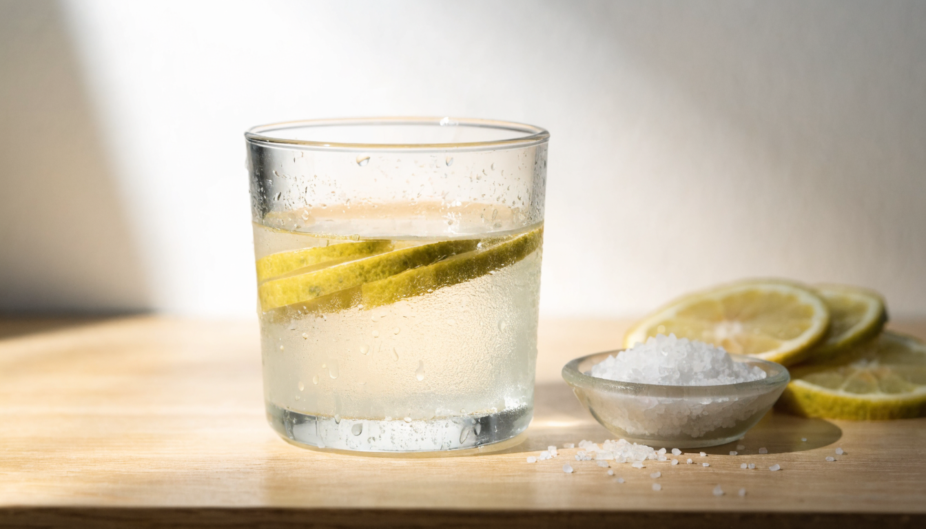 Verre de boisson electrolytes avec sel marin et agrumes sur une table en bois